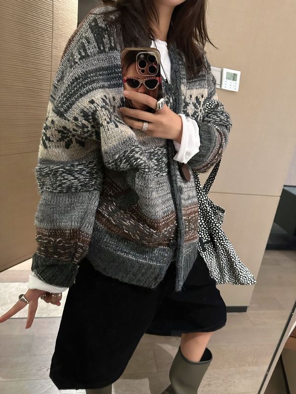 秋季上新费尔岛提花开衫毛衣女复古宽松慵懒风百搭外套针织上衣|undefined