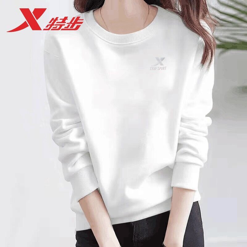 Xtep women's sweatshirt, autumn long-sleeve, authentic, casual, simple, loose fit, slimming, plus size, round neck, solid color, sports top