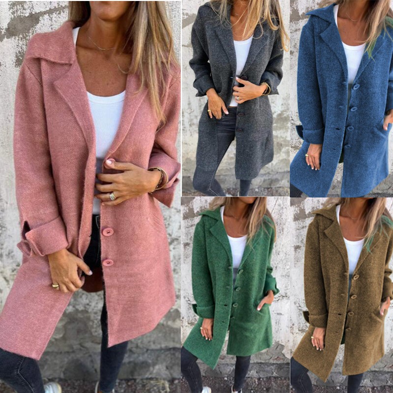 2025 Autumn/Winter Amazon Cross-Border New Women's Solid Color Lapel Cardigan with Pockets Single-Breasted Mid-Length Outerwear