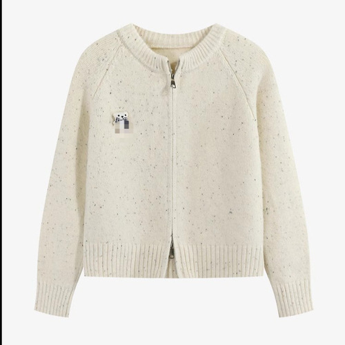 Retro Youthful Color Point Teddy Bear V-Neck Loose Knit Sweater for Women - Sweet Zipper Long Sleeve Knit Top for Autumn and Winter