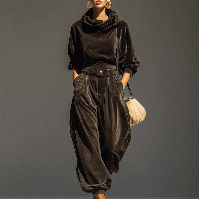 2026 New Cross-Border Amazon Independent Site Fashion Velvet Hooded Long-Sleeve Cuffed Pants Casual Set for Women