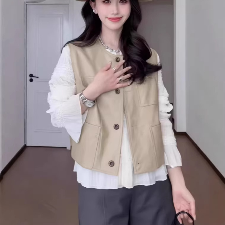 Korean-Style Round-Neck Short Pu Leather Sleeveless Vest for Women, 2026 New Model, Stylish and Versatile Casual Outerwear