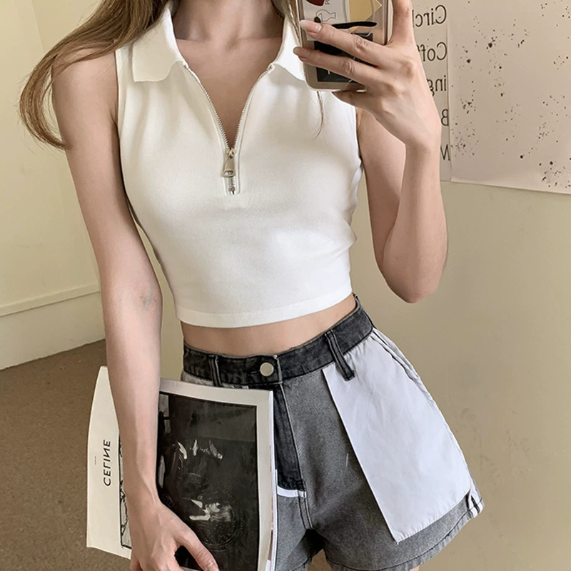 Чисто сладкая пряная сексуальная молния с воротником polo футболка без рукавов женский вязаный камзол жилет с высокой талией короткий топ