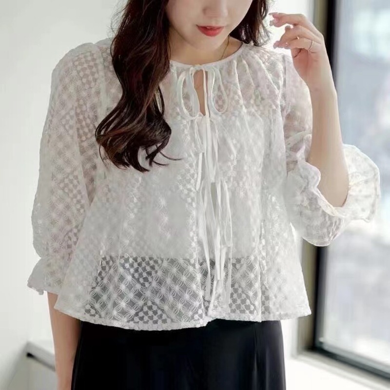 Real Shot Real Price Lace-Up Lace Shirt for Women with Textured Ruffled Bell Sleeves Hot Girl Top Beige Spandex