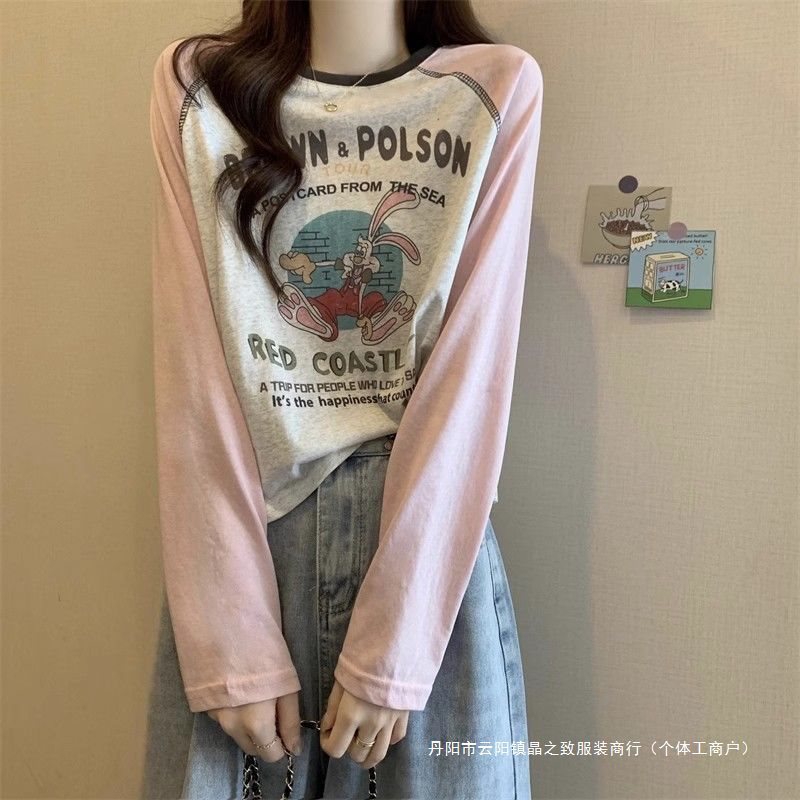美式复古插肩袖字母印花圆领长袖恤女装春季宽松百搭休闲上衣|undefined