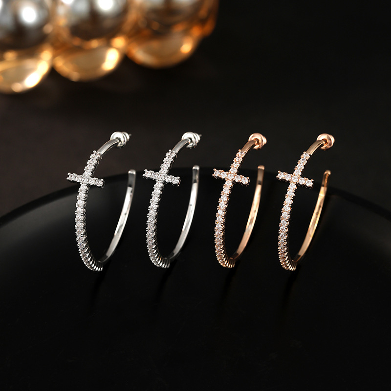 New stylish and unique light luxury zircon cross hoop earrings with a high-end feel, versatile and elegant large hoop earrings