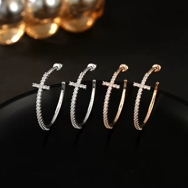 New stylish and unique light luxury zircon cross hoop earrings with a high-end feel, versatile and elegant large hoop earrings