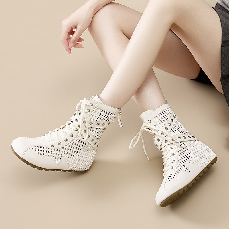 French-Style Hollow-Out Martin Boots for Women, 2026 Spring/Summer New Model, Woven Breathable Fashion Short Boots with Back Zipper, Thin Style Summer Boots