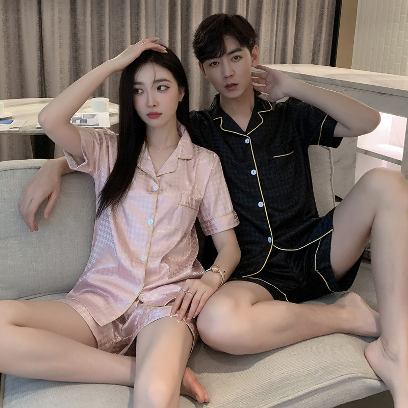 Pijamas de mujer de verano de seda de hielo de manga corta delgada de seda real de alto grado pata de gallo desgaste del hogar traje de hombre