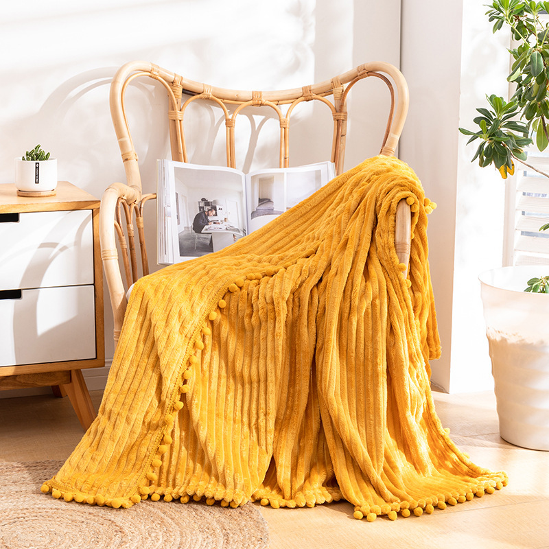 Tassel Ball Blanket, Striped Blanket, Magic Velvet Solid Color Flannel Office Nap Blanket, Suitable for All Seasons