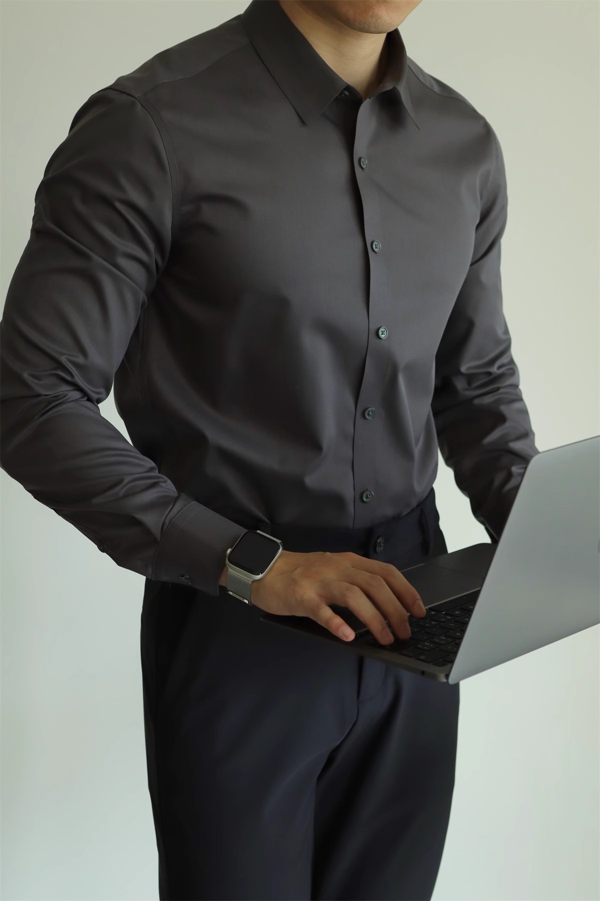 Abbigliamento da uomo, non stirabile, tinta unita, tecnologia nera a tre strati, senza cuciture, in fibra di bambù, a maniche lunghe, per il tempo libero, per lavoro, vestibilità comoda e aderente._voghion.com