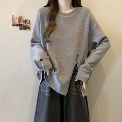 大码纹理感坑条开叉长袖上衣女2025秋季新款宽松显瘦时尚打底衫女