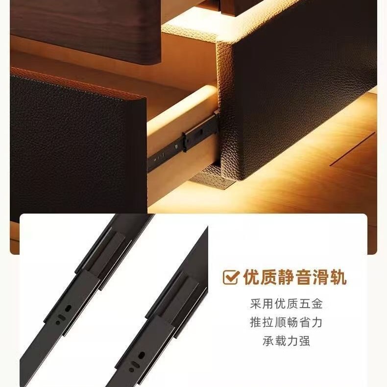 智能床头柜家用带灯卧室中古风实木胡桃色床边柜意式轻奢储物柜子|undefined
