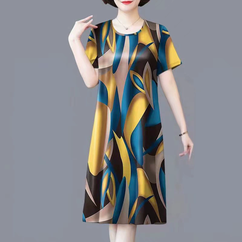 Свободное платье большого размера для мам среднего и пожилого возраста, новый летний модный стиль, стильный темперамент с принтом, длинная юбка, закрывающая живот.