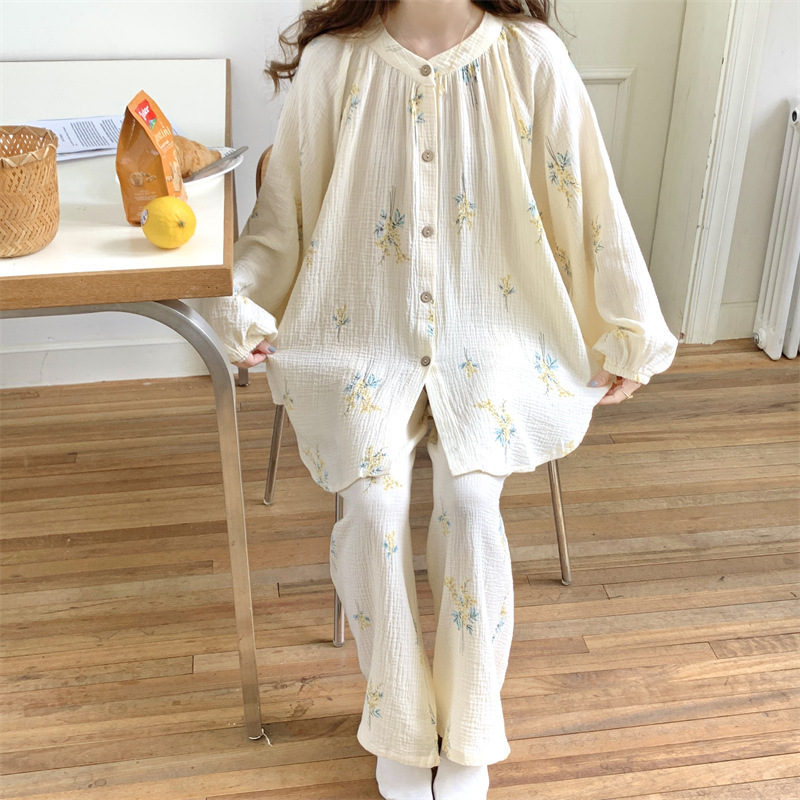 少女甜美碎花棉纱长袖睡衣女春秋季2025新款高级感大码家居服套装|undefined