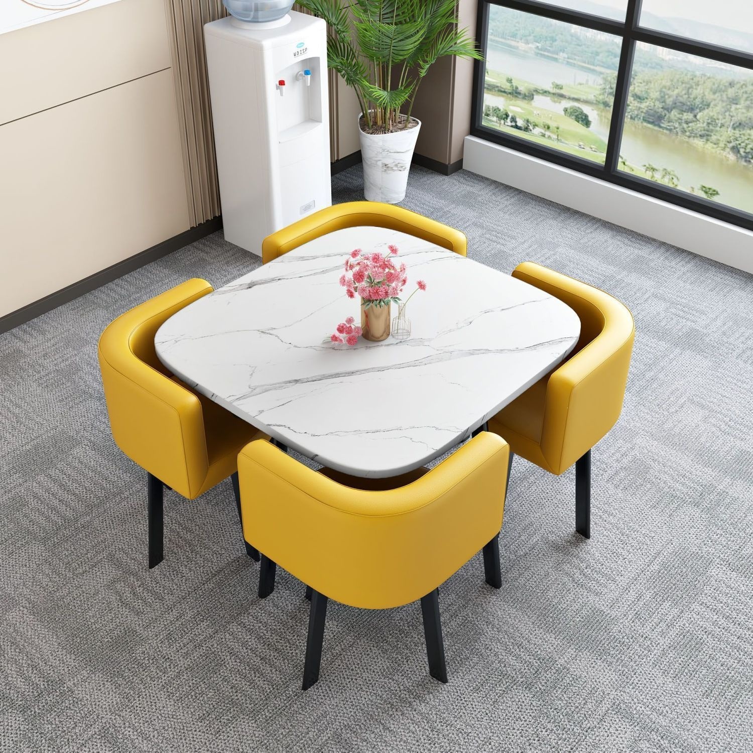80CM white pattern square table + 4 yellow leather chairs