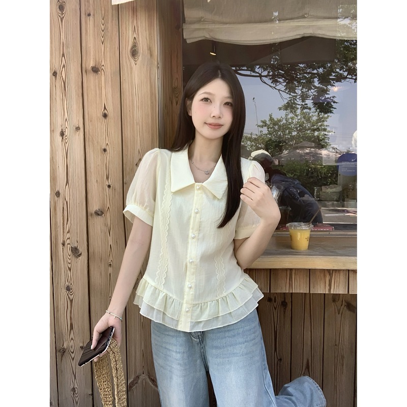实拍2025夏季新款胖mm大码法式娃娃领短袖衬衫减龄别致小衫64335|undefined