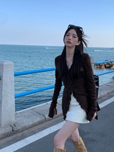 美式复古v领木耳边长袖针织开衫女春秋纯欲风辣妹修身打底衫上衣