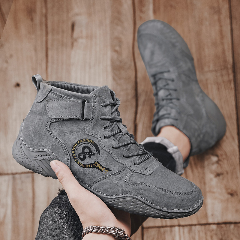 Men's Leather Casual Shoes, Large Size, Winter With Added Fleece For Warmth, Mid-Top Cotton Shoes, Outdoor With Wrapped_vogvips.com