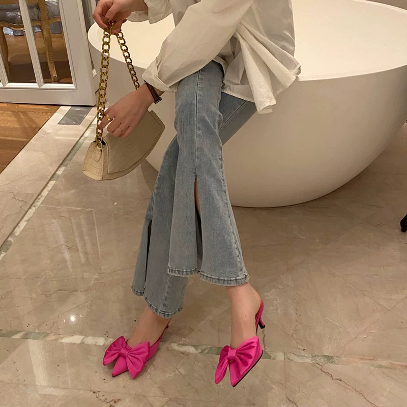 Долгосрочные спотовые 2024 новые европейские и американские модные банты на высоком каблуке полутолщенные женские туфли на каблуках