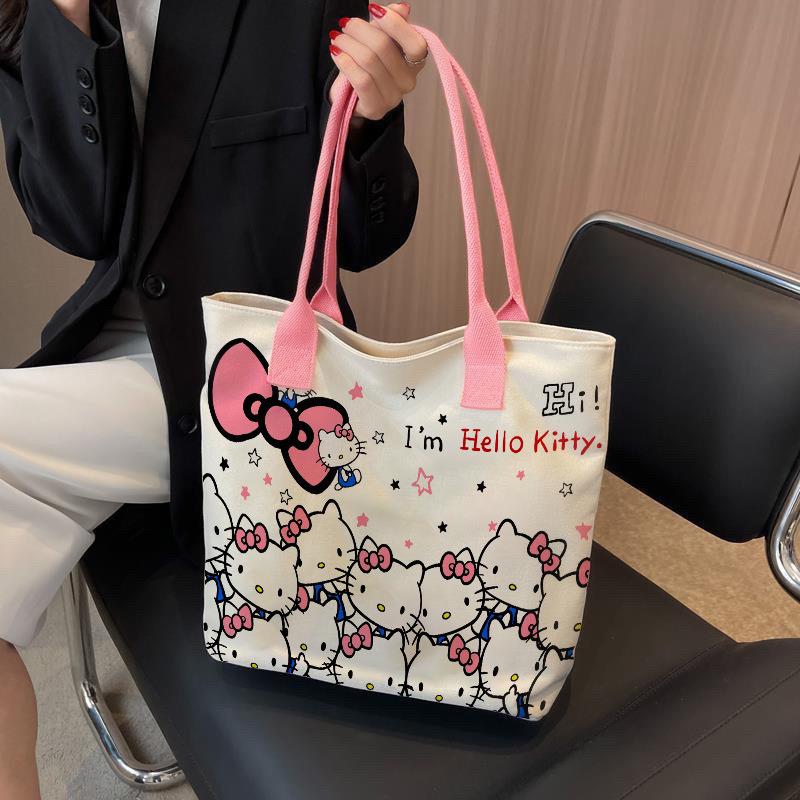 新款Hello Kitty印花帆布包可爱卡通单肩托特包大容量手提包|undefined