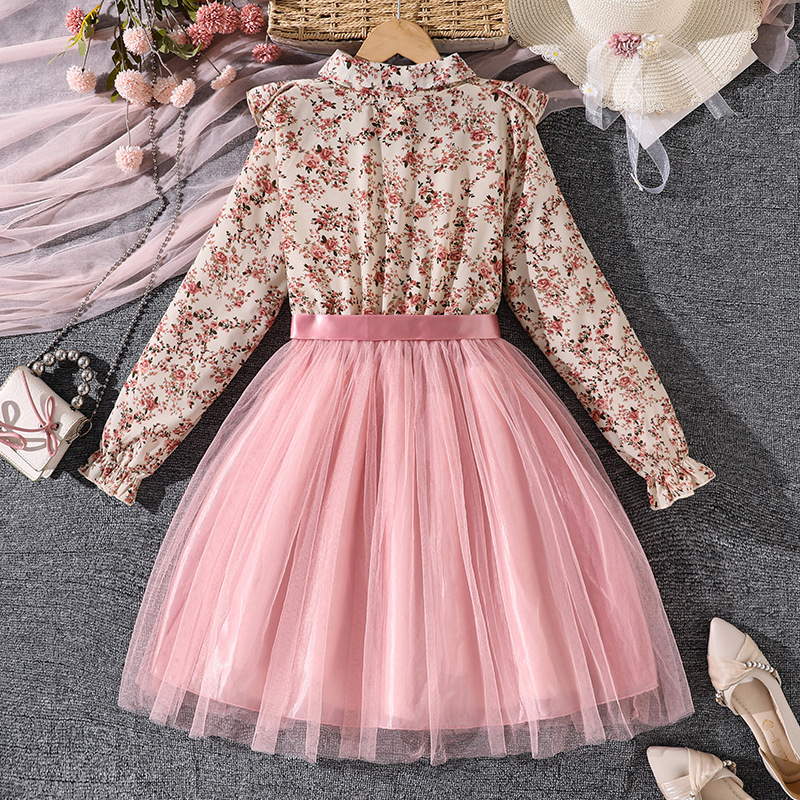 Mädchenkleid mit Blumenmuster, langen Ärmeln, Kragen, taillierter Passform, Mesh-Einsätzen, Prinzessinnenstil, Herbst_voghion.com