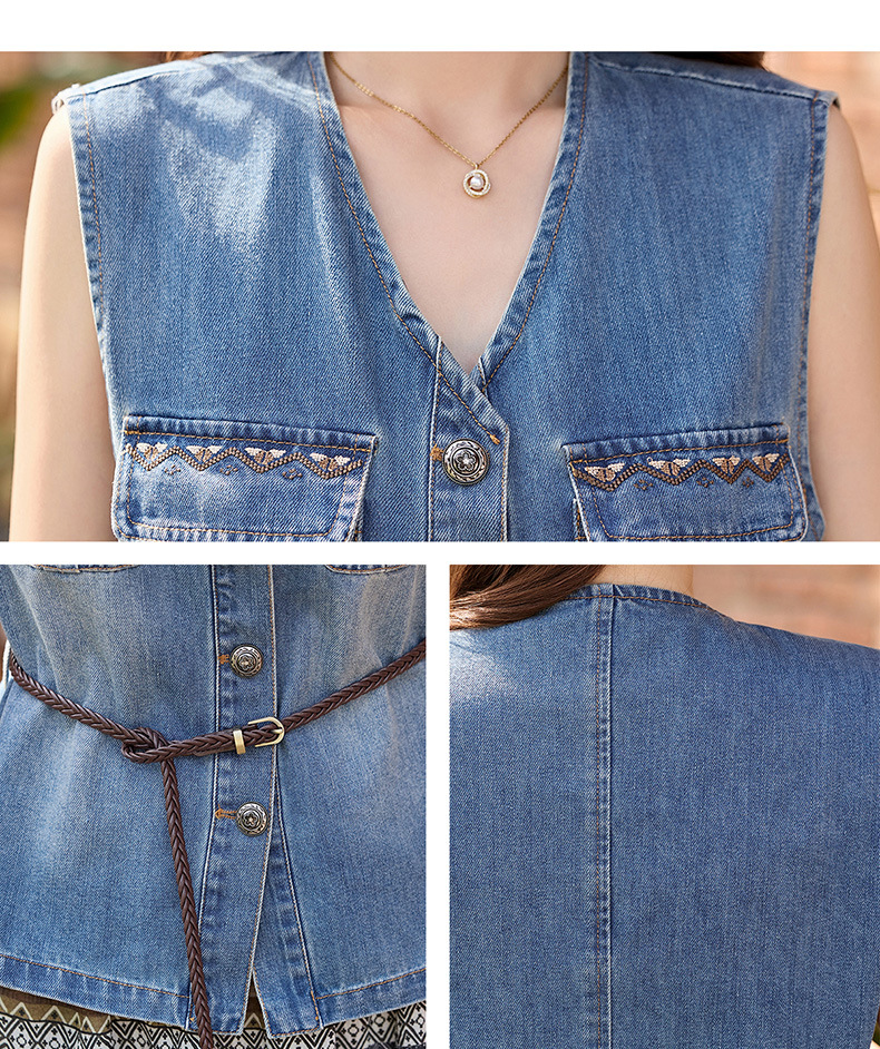 Bộ váy hai mảnh denim nữ V-neck áo vest in họa tiết chân váy midi — Màu ảnh chi tiết 15