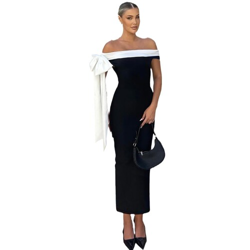 Cross-border wholesale European and American women's fashion 2025 spring/summer new elegant off-shoulder ribbon sleeveless slim-fit hip-hugging dress