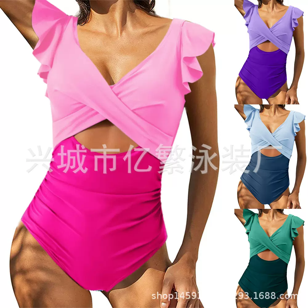 欧美连体泳衣跨境专供撞色拼接荷叶边连体遮肚亚马逊泳装2024新款