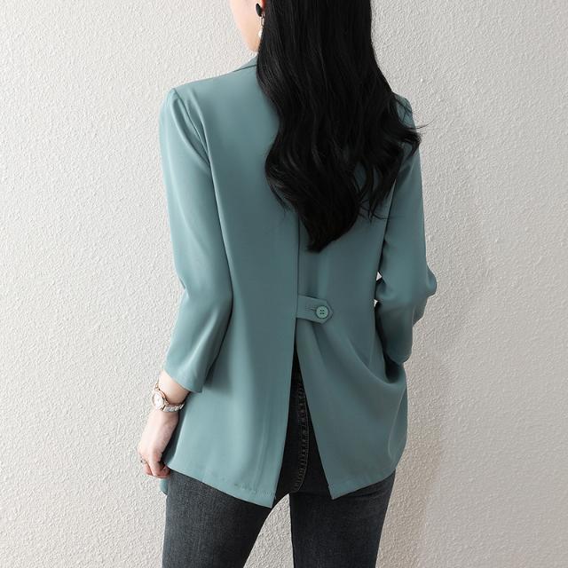 Blue-Green Casual Blazer for Women, Spring and Autumn Thin High-End Design Niche Chiffon Suit Top