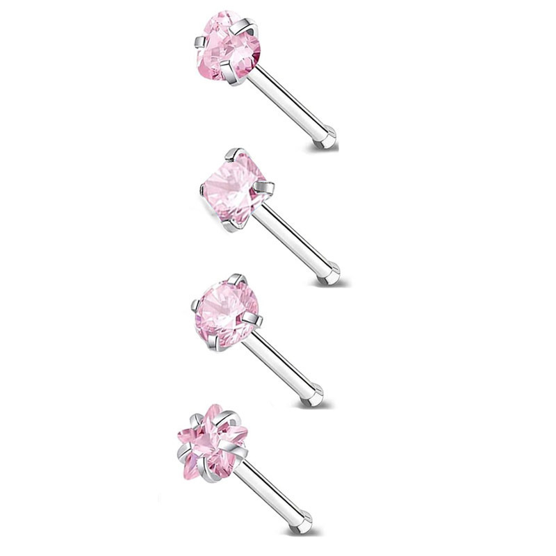 Titanium Steel Curved Stud Five-Pointed Star Square Heart L S Rod Ring Mini Inlaid Stone Girl Facial Nose Jewelry_voghion.com