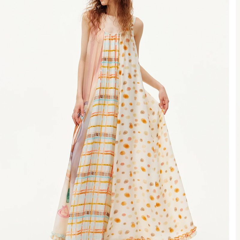 Outthe “Midi’s Bathroom” sleeveless U-neck long dress with ruffle trim and A-line skirt