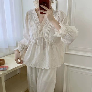 韩系睡衣女春夏重刺绣全棉甜美少女法式V领套装可外穿家居服批发