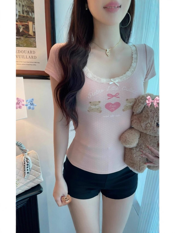 甜美蕾丝花边短袖t恤女肌理感圆领显瘦美式bm上衣纯欲系粉色上衣|undefined