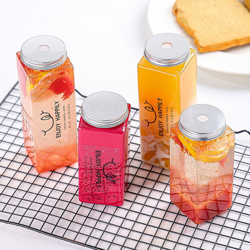 Tea cup PET commercial packaging disposable with lid transparent thickened 500ml square juice drink bottle