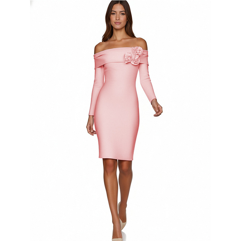 Women's Autumn Off-Shoulder Floral Bodycon Holiday Birthday Party Off-Shoulder Long Sleeve Bandage Dress Wholesale