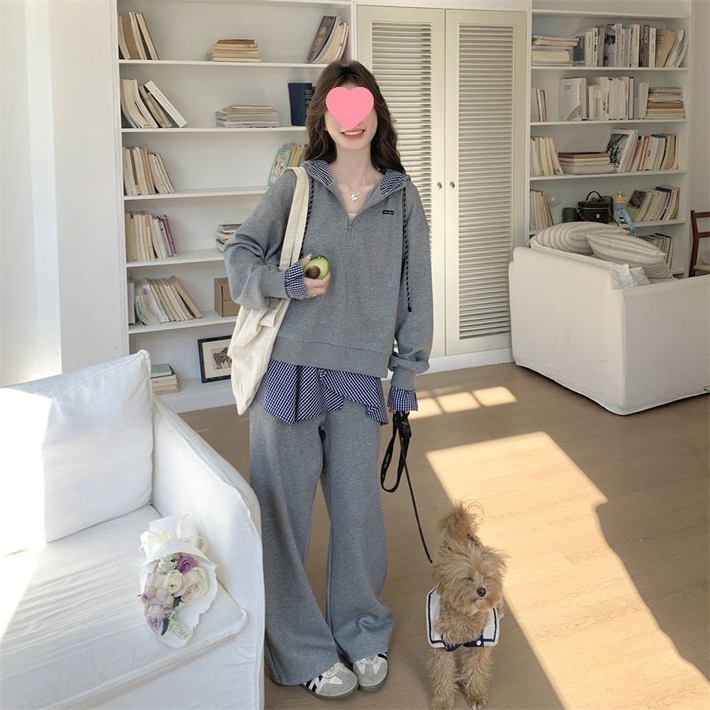 大码学院风休闲运动套装女秋季新款胖MM宽松连帽卫衣阔腿裤两件套|undefined