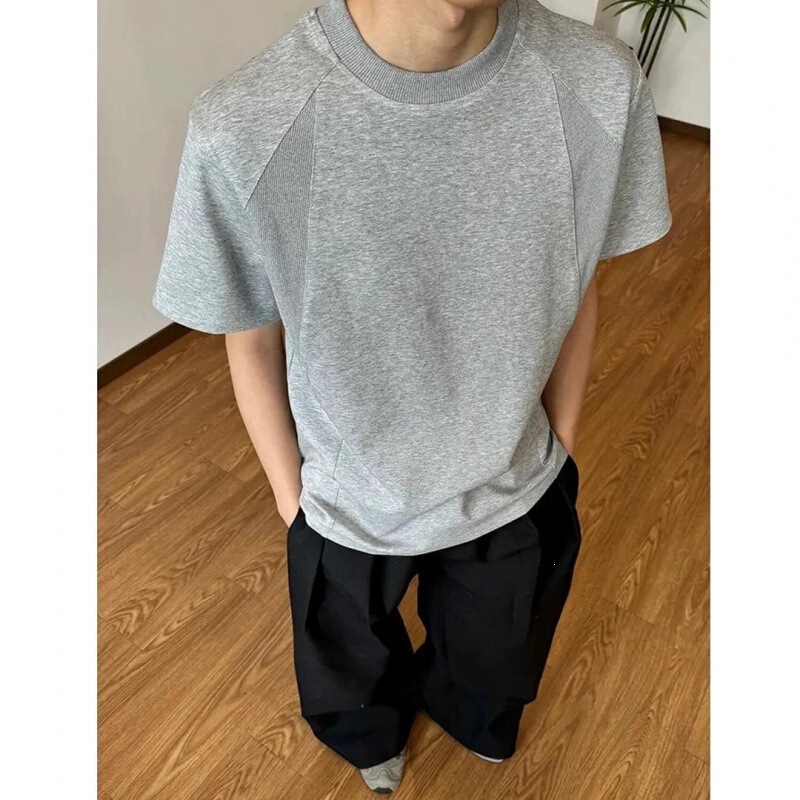 Heavyweight Men's Crew Neck T-Shirt, New Summer Style, Regular Shoulder American Style Short Sleeve, Retro Small Collar Ribbed Men's Short Sleeve T-Shirt