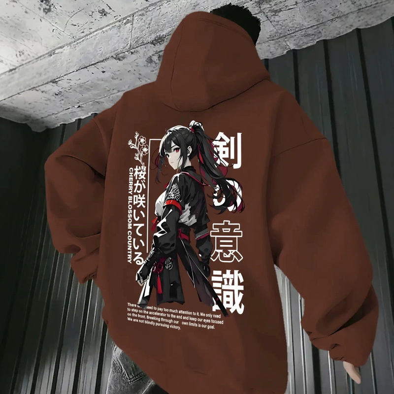 Street Style Sword Consciousness Warrior Girl Print Hoodie Casual Lettering Oversized Couple's Sweatshirt