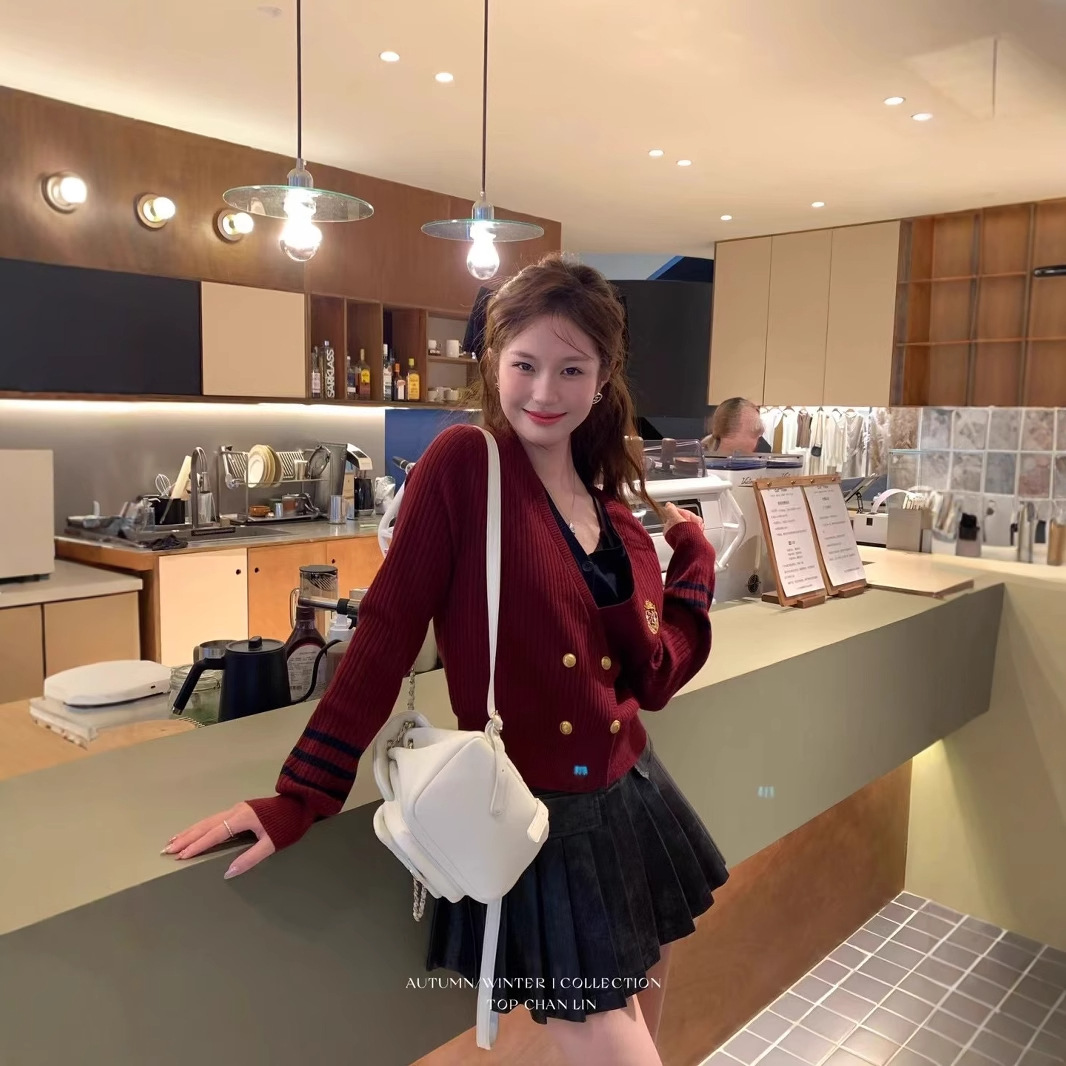 다크 브라운 V 넥 더블 브레스트 페이크 투피스 니트 카디건 여성 가을 한국식 칼리지 스타일 슬림 슬리밍 스웨터 탑