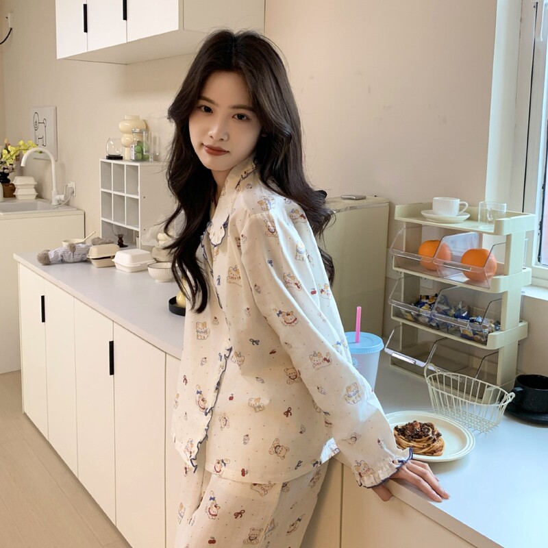 Ins-style Simple Pure Cotton Double-layer Yarn Breathable Home Clothes Cream cheese Dog Fresh Style Lace Small Lapel Pajamas