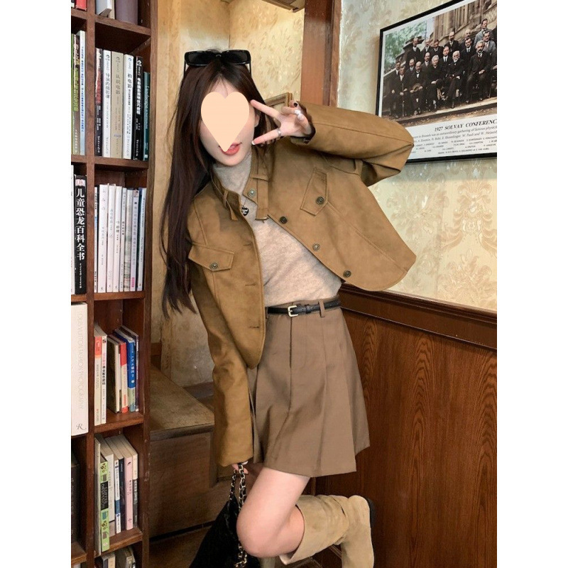 美拉德咖色复古皮衣春秋小个子美式夹克上衣外套百褶短裙两件套女|undefined