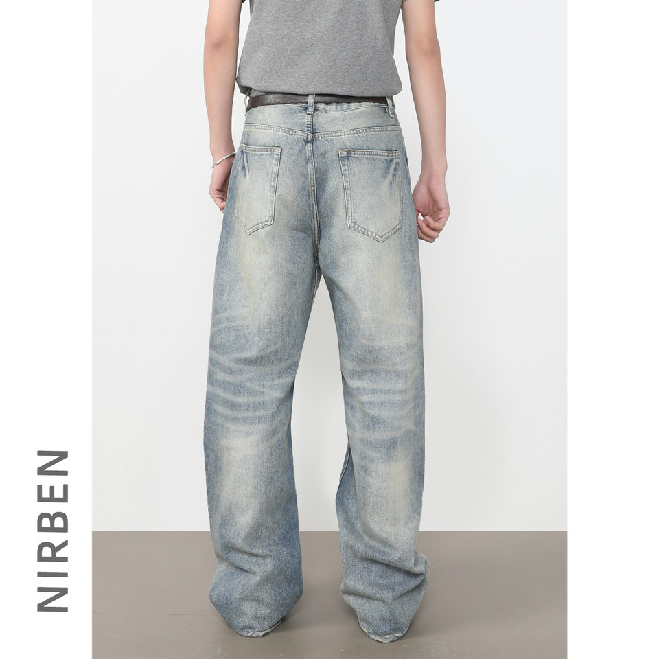 Quần jeans nam ống rộng dáng thẳng lưng giữa, phong cách retro, dài chấm gót — màu xanh