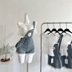 萌系俏皮牛仔背带短裤日系两穿小上衣套装