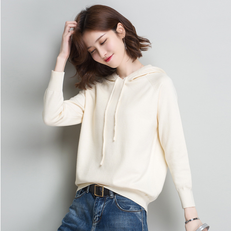 Foreign Trade Spring & Fall New Pure Color Hooded Knitwear Women's Loose Casual Knitted Bottoming Shirt Thin Knitted Knitwear Jacket Trendy