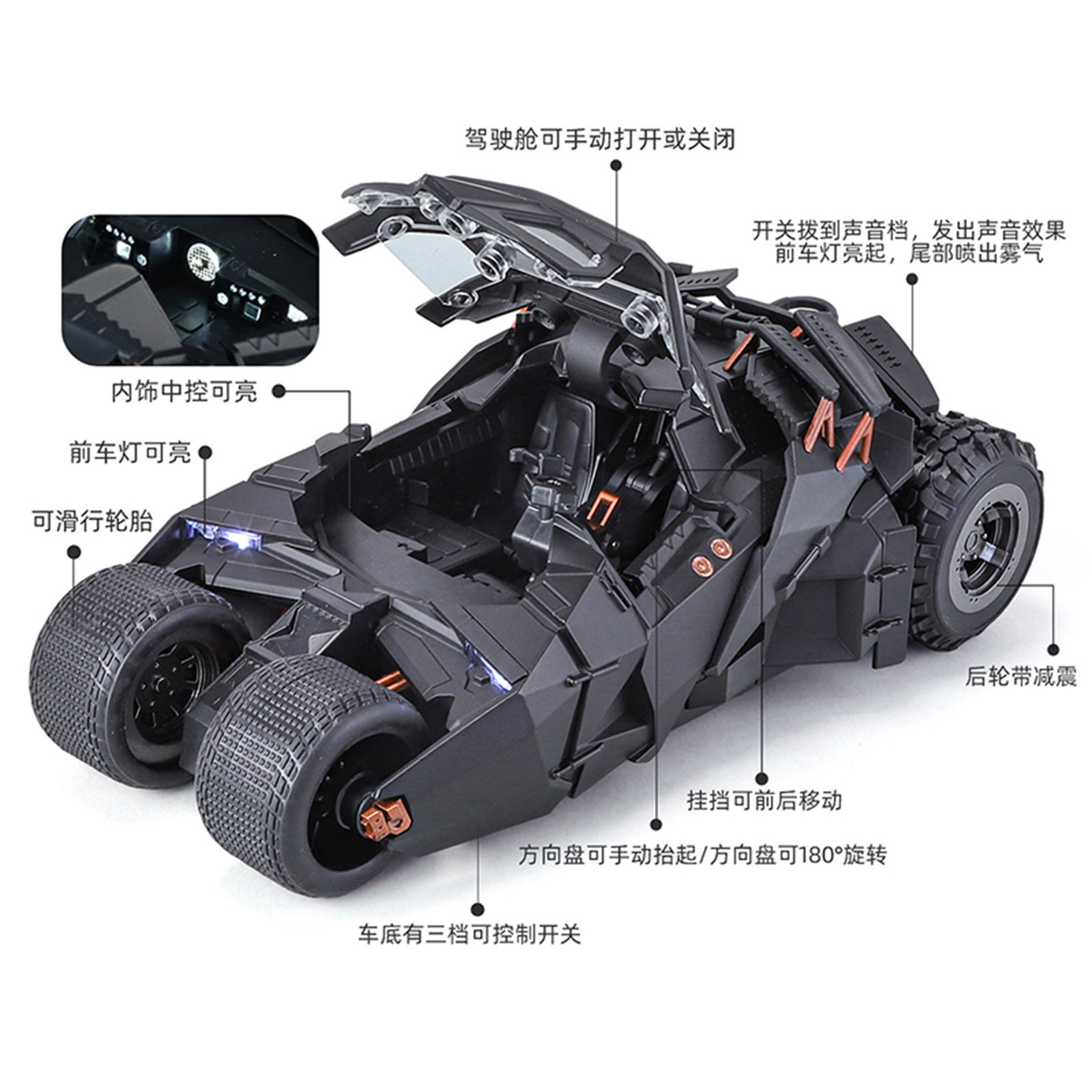 1:24 Genuine Batimóvil-Dark Knight Alloy Model Simulación Sonido y Luz Return Fuerza Spray Chariot Juguetes para niños