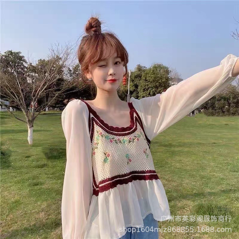 Spring and Summer New Hollow Lace Crochet Chiffon Shirt Women's Cool Short Jacket Shirt Fashion Sleeve Long Sleeve Top