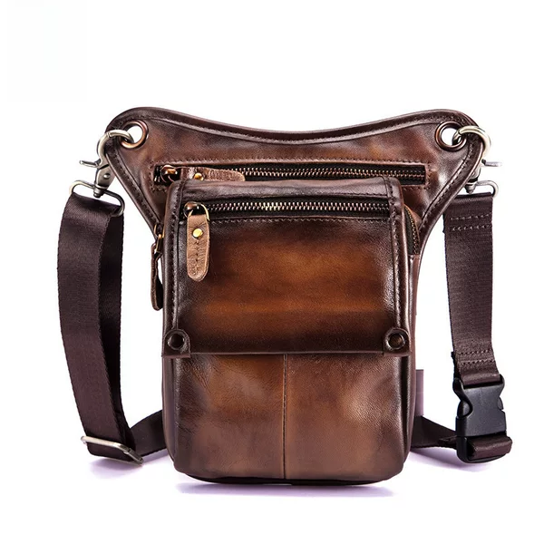 First layer oil wax leather cowhide foreign trade European men's trendy cool mobile phone camera outdoor 8-inch leg bag waist bag 211-4