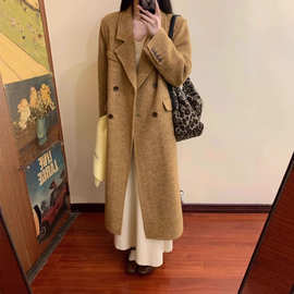 棕色呢子大衣女中长款小个子2025年新款秋冬季夹棉正肩羊毛呢外套