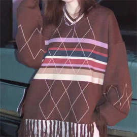 秋季新款韩系学院风针织毛衣女宽松慵懒流苏设计长袖上衣外穿